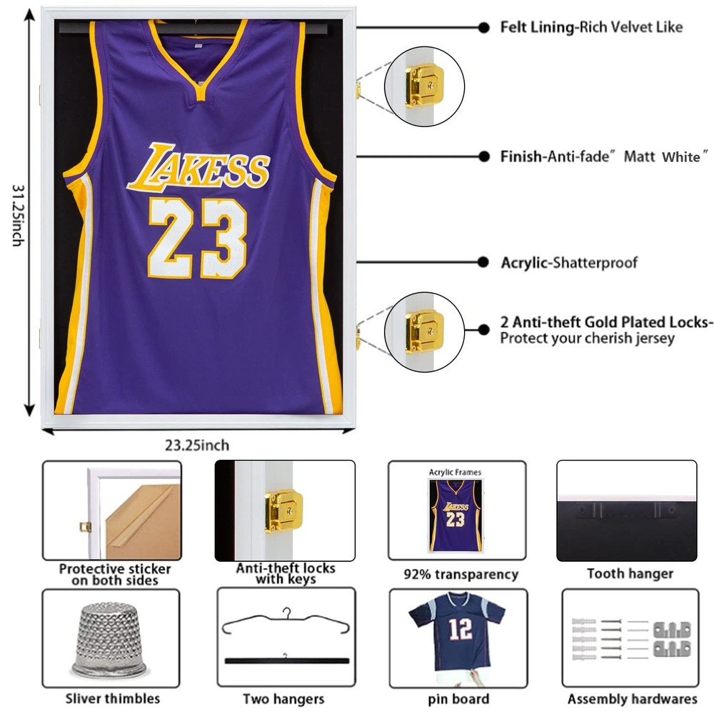 Jersey Frame Display Case, Large Lockable Whtie with Gold Locks, White