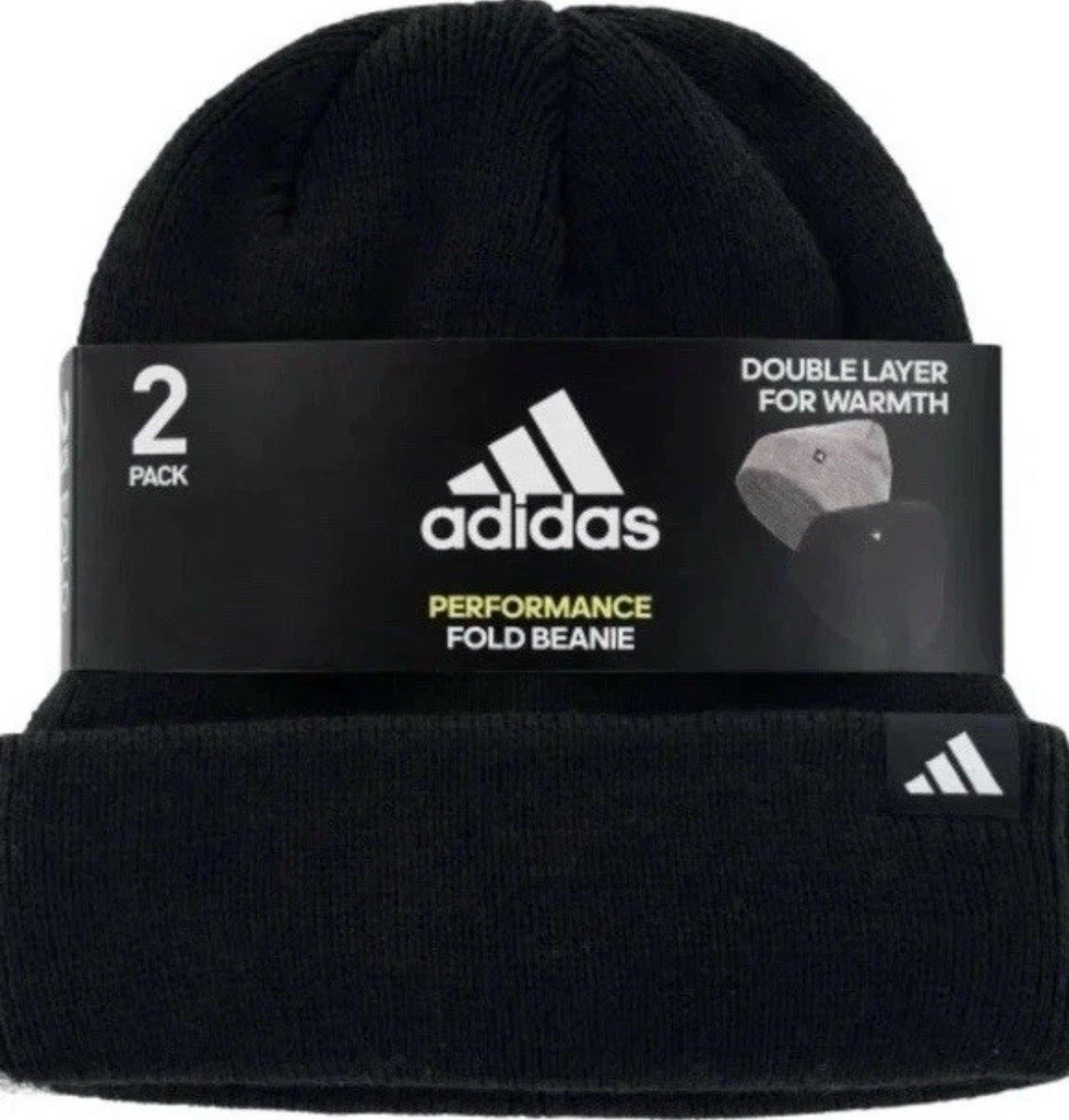 Adidas Unisex Fold Beanie Hat 2-pack  Double Layer for Warmth Black And Gray