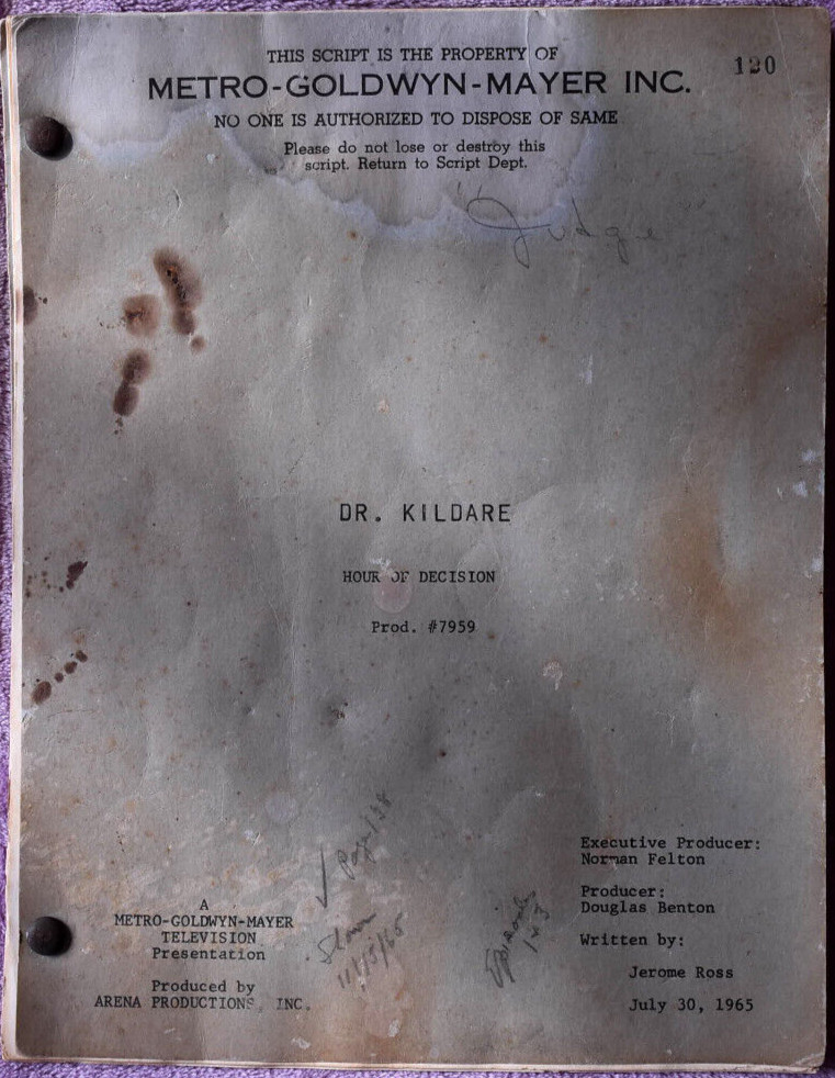 1965 " Dr. Kildare: Hour of Decision " Original Screenplay Script