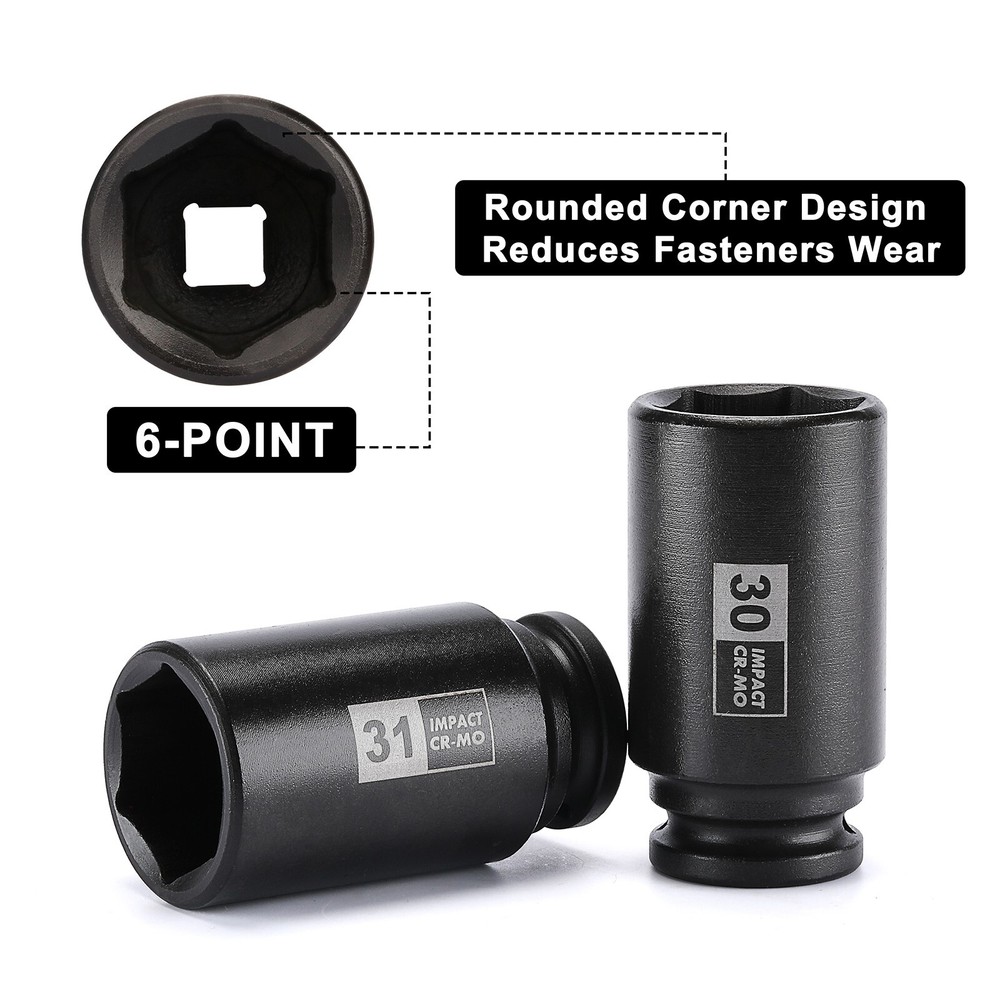 9PCS 1/2"Dr. Deep Spindle Axle Nut Impact Socket Set, CR-MO, Metric Large Socket