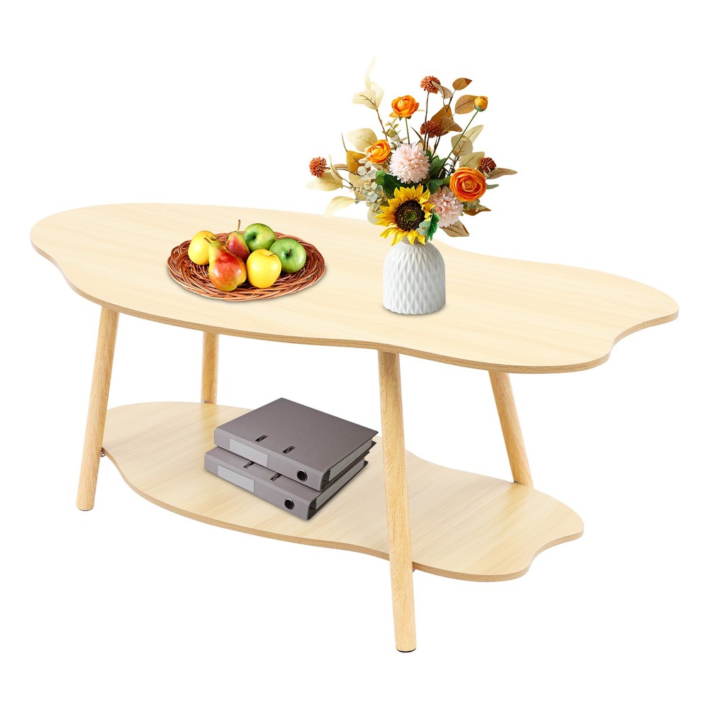 Cloud-shaped Coffee Table Double Layer Center Table for Living Room Light Walnut
