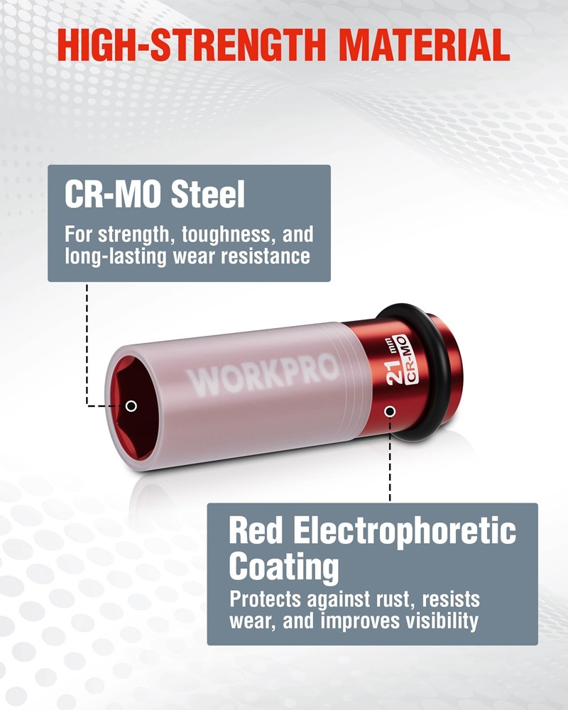 WORKPRO 1/2" Drive Lug Nut Impact Duty Socket 21mm Deep Thin Wall Socket for Car