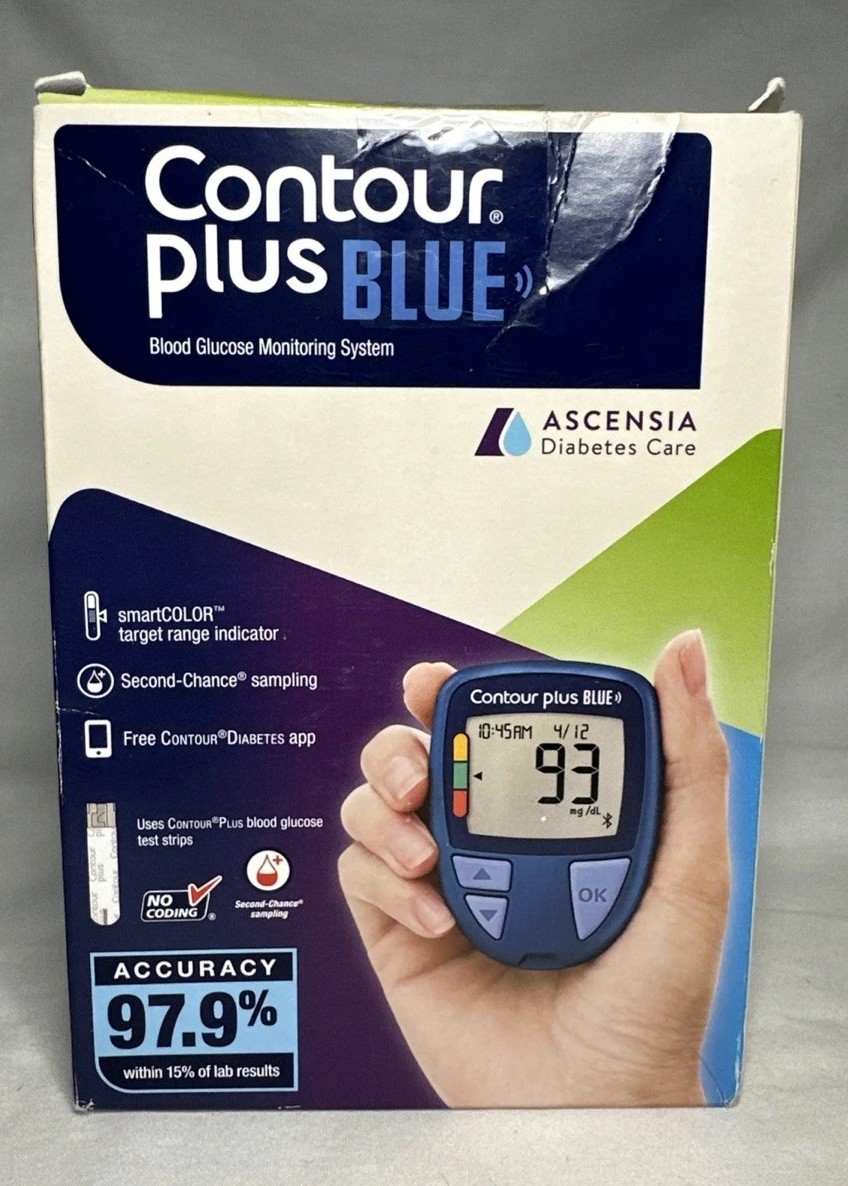 Contour Plus Blue Blood Glucose Monitoring System Diabetes Sugar *Damaged Box*