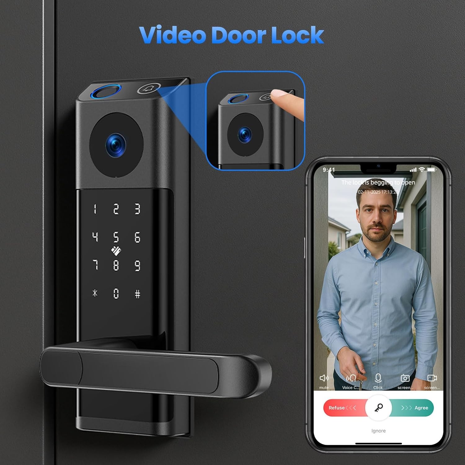 WiFi Video Smart Lock with Camera & Doorbell Keyless Entry Handle for Front Door