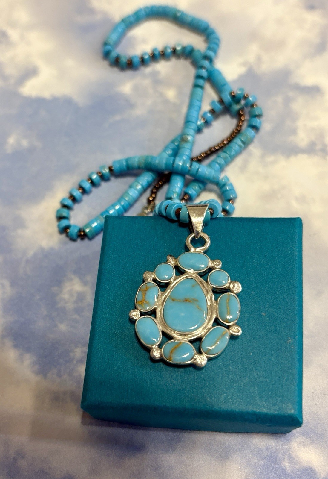 2-sided NAVAJO Sterling Silver Carved Turquoise 925 Pendant Heishi Necklace