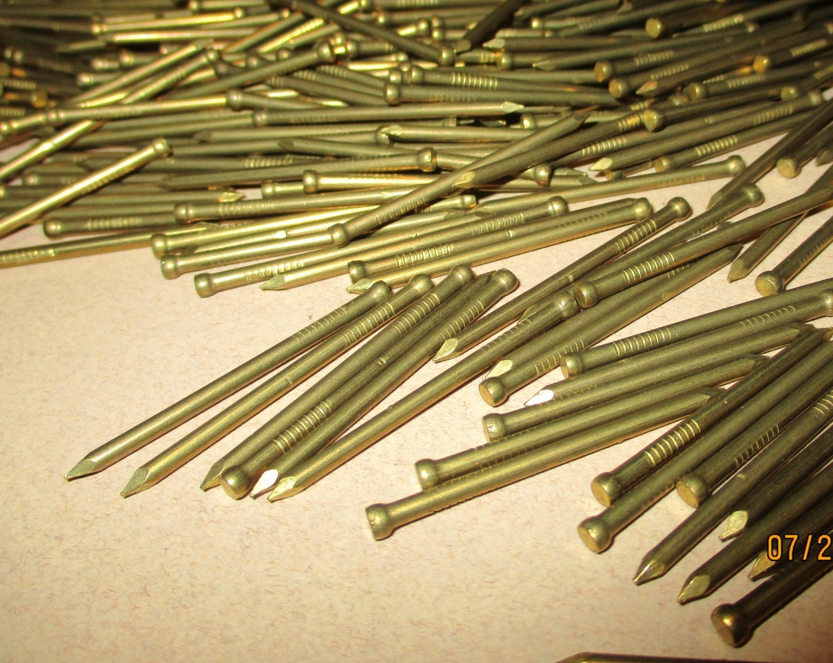 50 - ORIG. VINTAGE, 1 1/2" LONG X  #14 - SOLID BRASS FINISH NAILS MADE IN U.S.A.