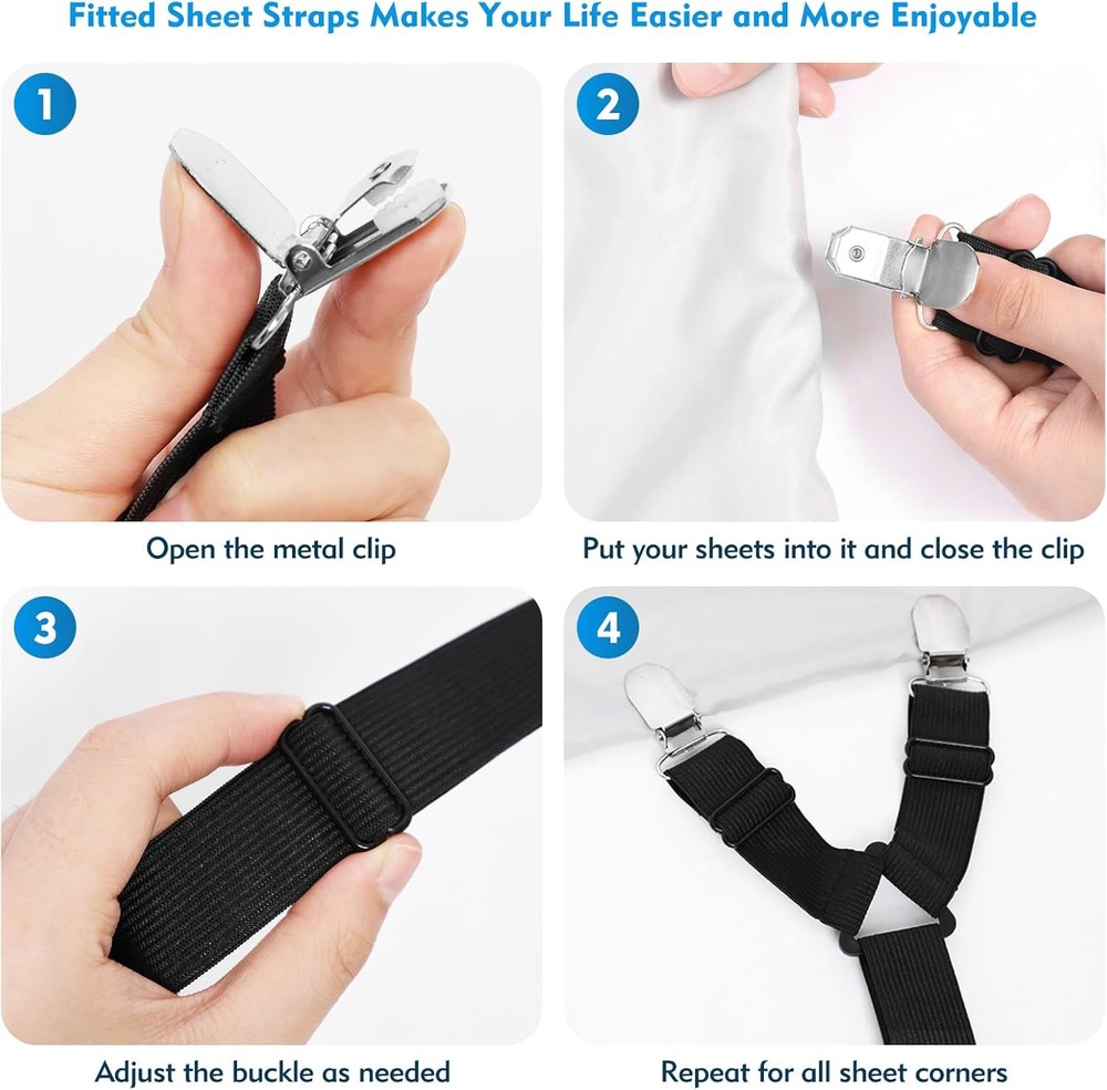 Bed Sheet Straps, 2Pcs Elastic Adjustable Bed Sheet Holder Straps, Fitted Sheet