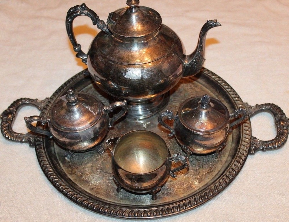 Leonard Silverplate Silver on Copper Teapot Creamer Sugar Bowl Tray Set