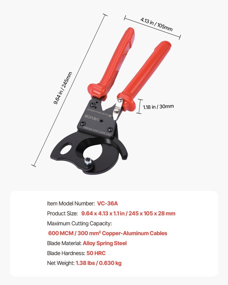 Spring Steel Ratcheting Cable Cutter with PVC Handles & Quick-Release Button