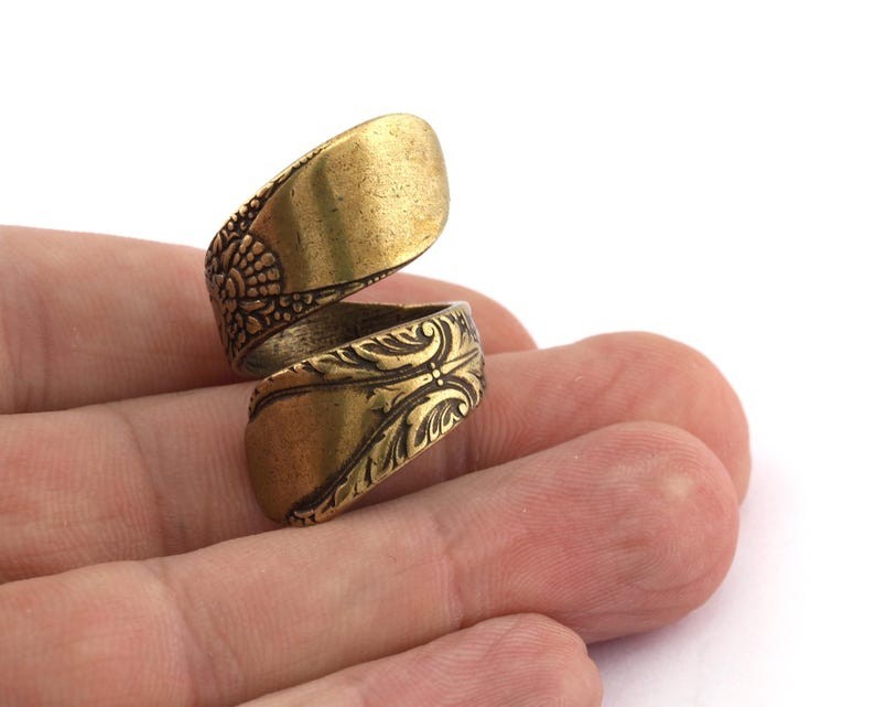 Spoon Ring Wrap Flower Patterned Adjustable Antique Bronze Plated Brass 4072