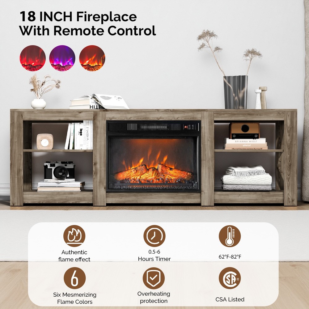 70" Washed Gray Double-Sided Fireplace Cabinet, 23" Fireplace Core