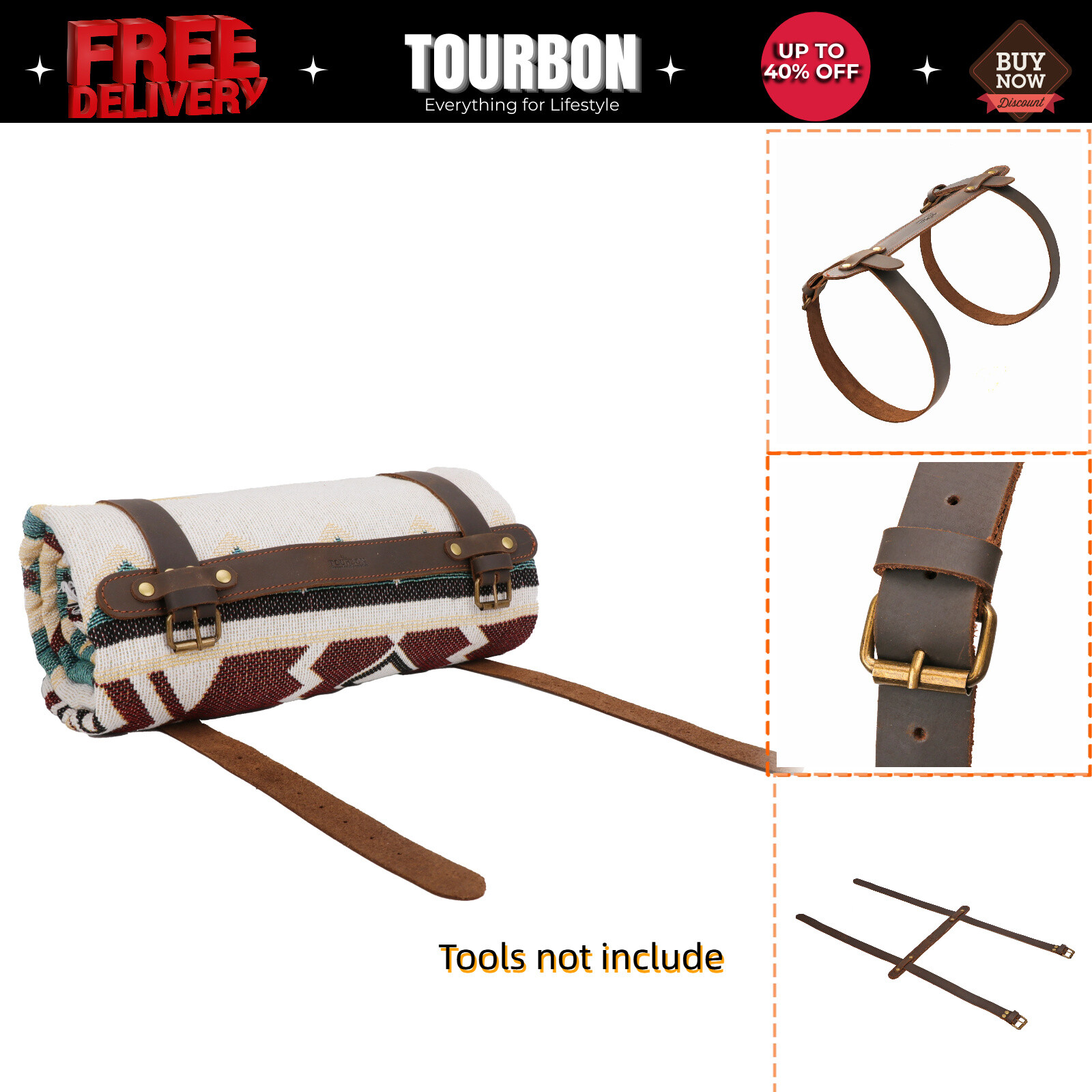 TOURBON Leather Picnic/Motorcycle Blanket Carry Handle Camp Belt Bedroll Strap