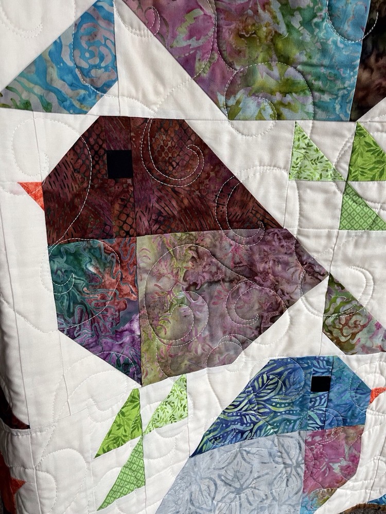 Handmade Patchwork Batik Cotton Quilt “Sparrows” Size 60” X 55”
