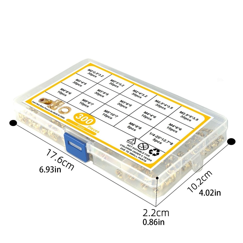 300pcs 7 Models 15 sizes M2-M6 Brass Threaded Inserts for Plastic 3D Printing