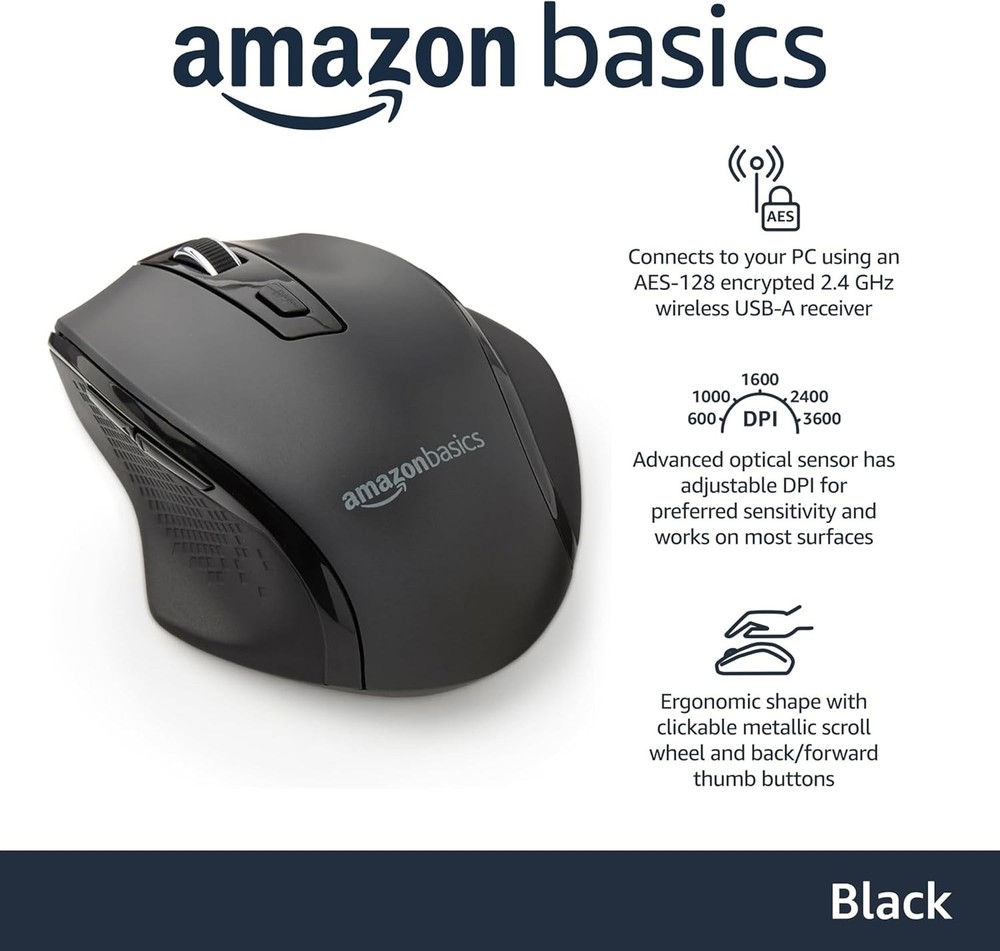 3 PACK Amazon Basics Ergonomic Wireless Mouse Black B0787D6SGQ NEW
