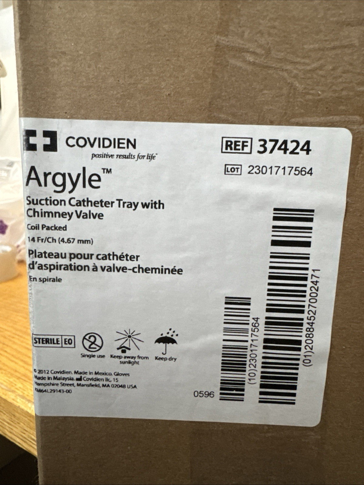 Cardinal Argyle Suction Catheter Tray W/ Chimey Valve 14 Fr/Ch 37424 Case 150pcs