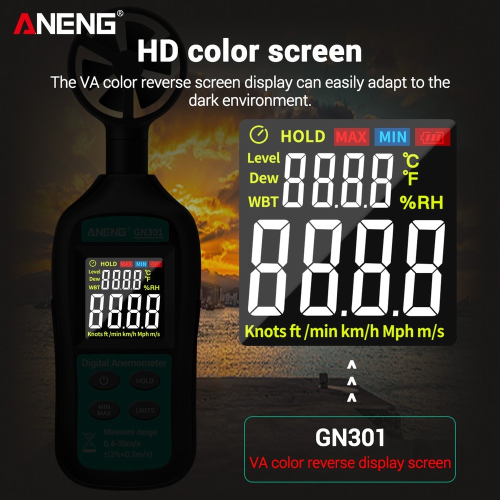 ANENG GN301 Digital Anemometer Wind Speed Meter Temperature LCD Backlight
