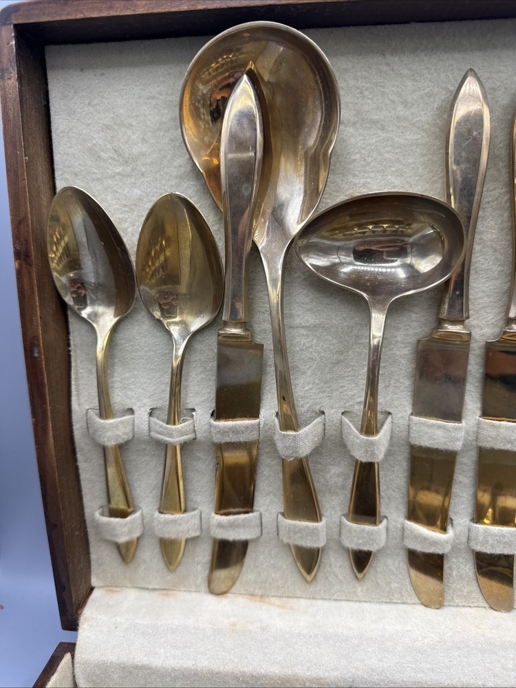 DIRILYTE DIRIGOLD Gold Tone Silverware Flatware 55 pc Box MCM Mid Century