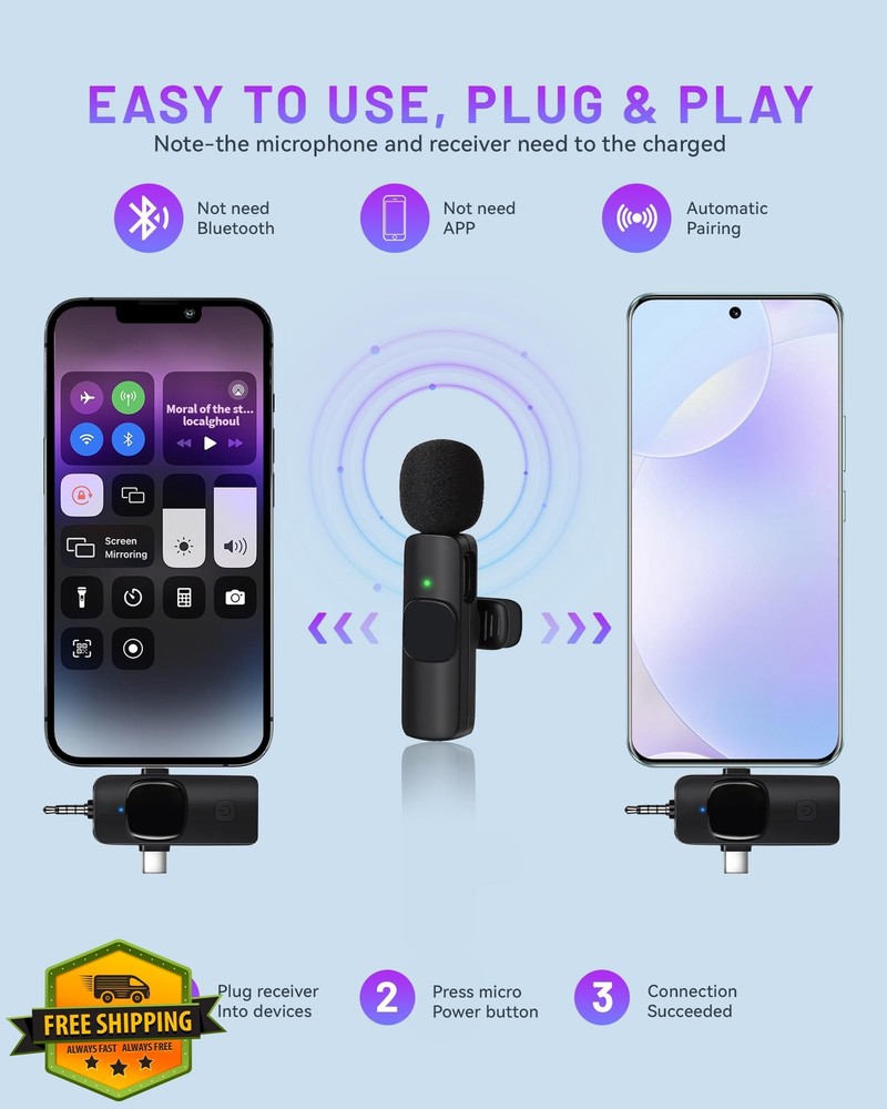 3-in-1 Wireless Lavalier Mic for iPhone/Android/Camera