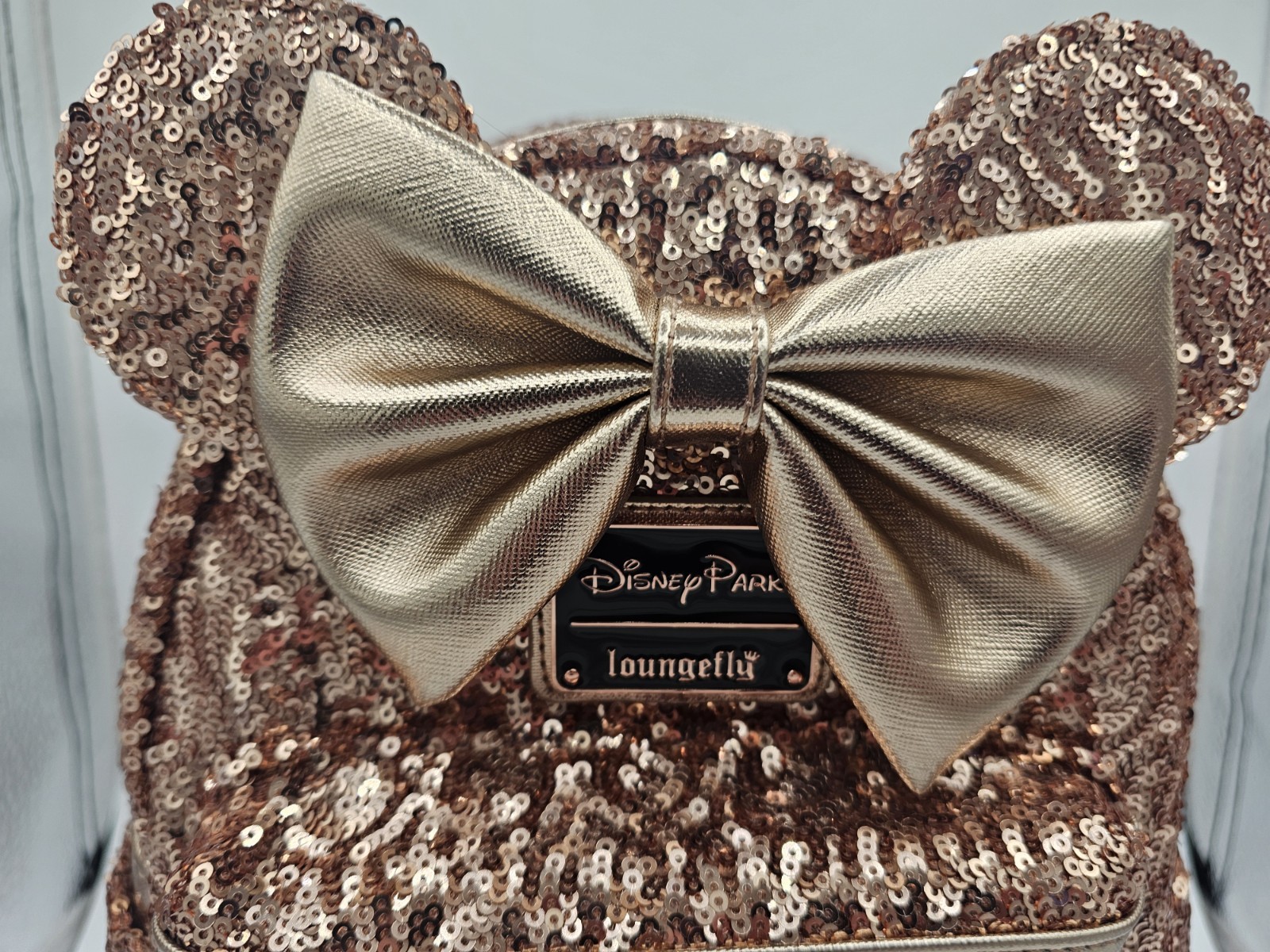 NEW Disney Parks Loungefly Rose Gold Sequin Minnie Mouse Ears Backpack Carry Bag