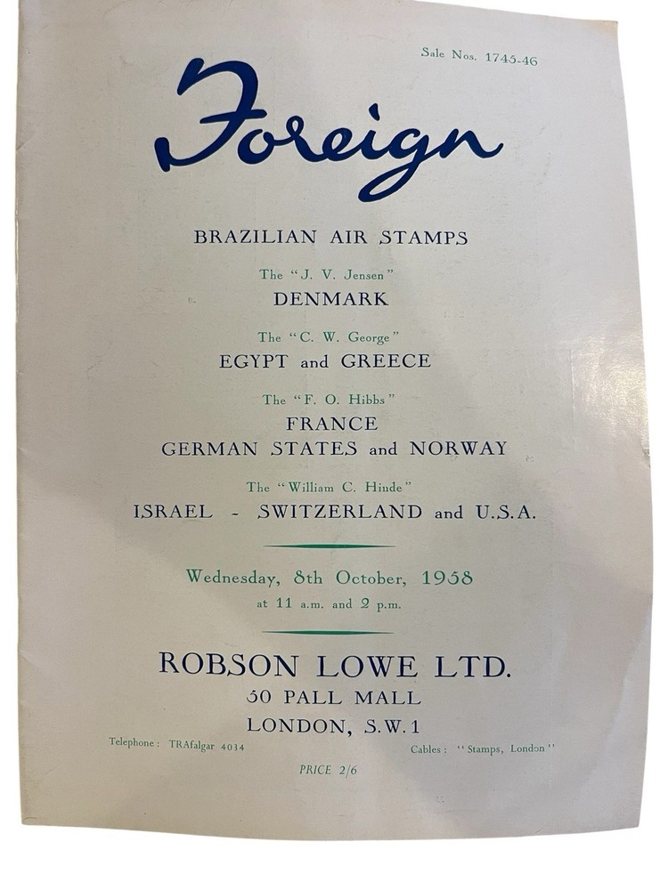 1958 Robson Lowe Foreign Auction Catalogue + Bid Form - Oct 8th Sale