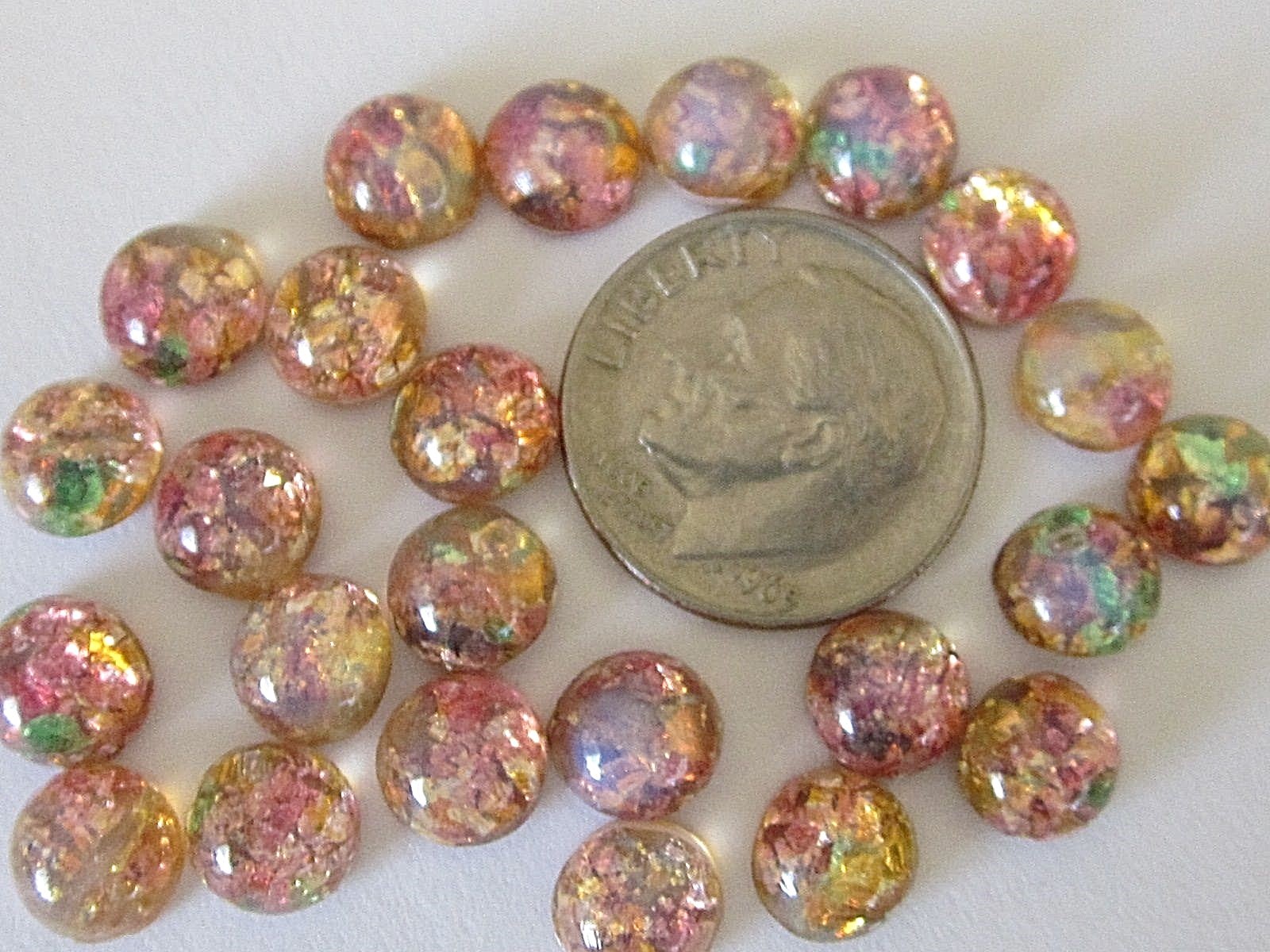 24pc VTG GLASS FIRE OPAL 7mm JAPAN CAB FLAT BACK LOT STONE JEWELRY REPAIR CRAFTS