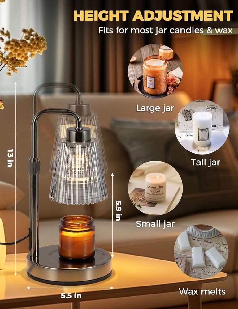 Elegant Adjustable Height Candle Warmer Lamp with Timer & Dimmable Light - Gray