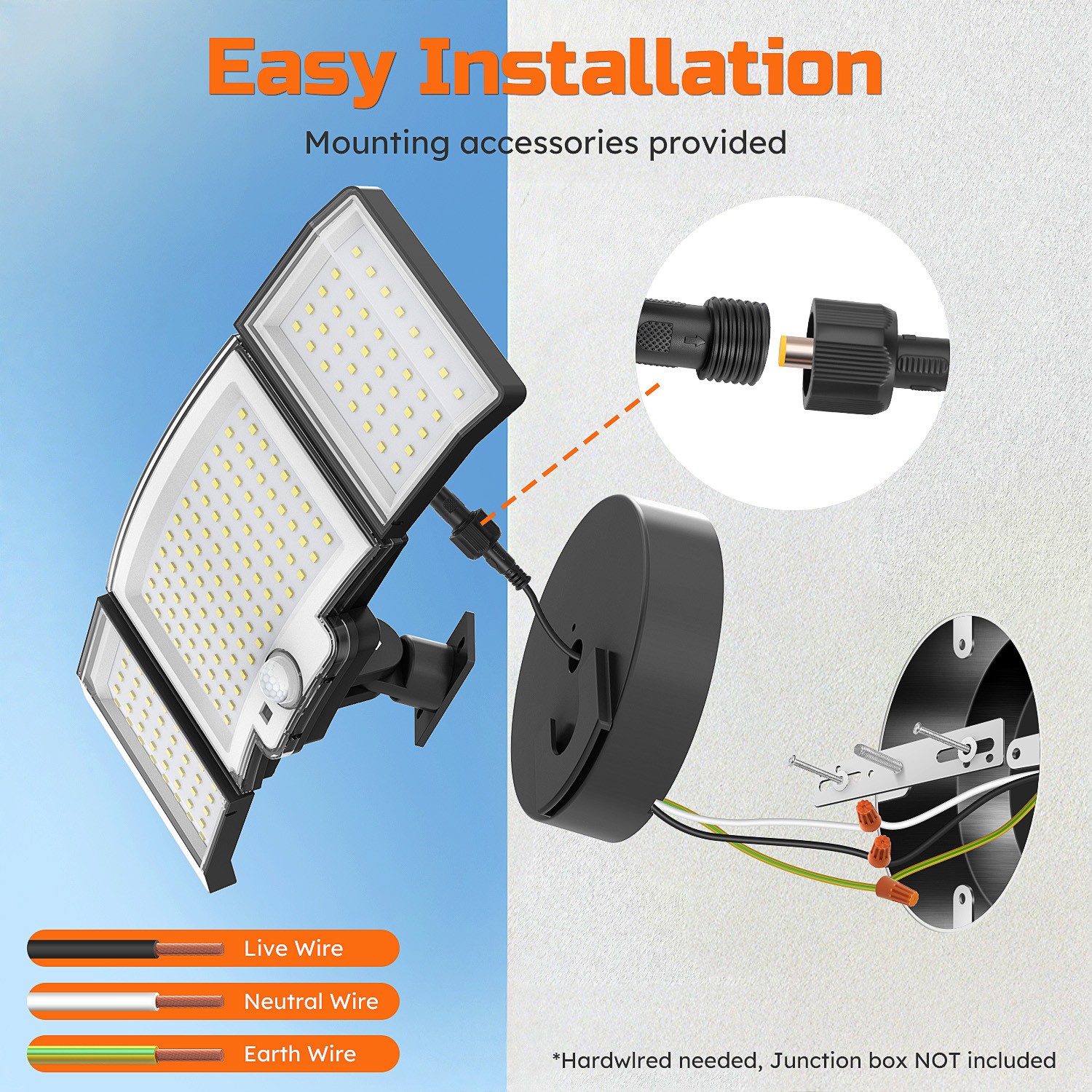 2 Pack 188LED Security Light Motion Sensor Outdoor 3 Head Floodlight Waterproof