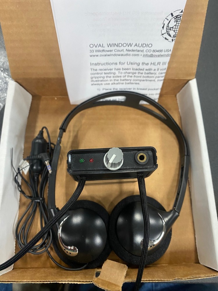 Induction Hearing Loop receiver and headset from Oval Window Audio, Model HLRIII