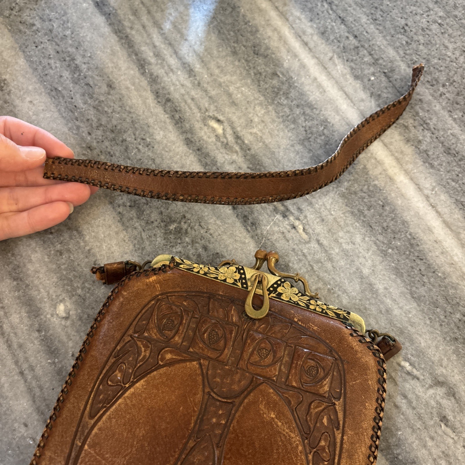 Antique TOOLED LEATHER PURSE Art Nouveau Stylized Lily Suede Inside