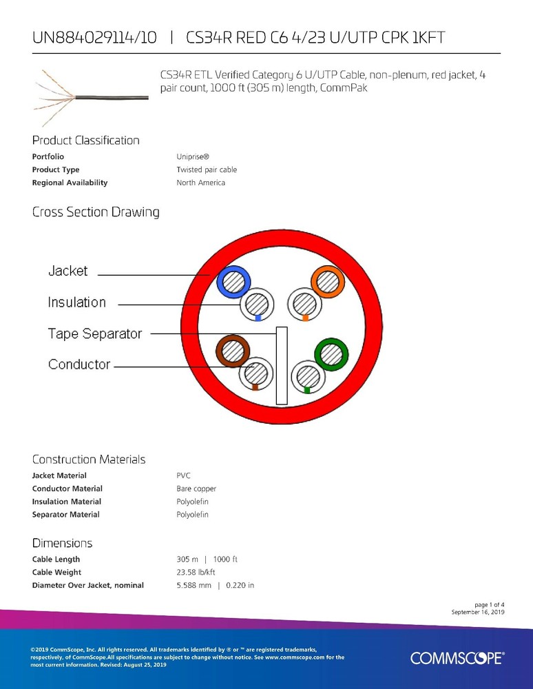 Commscope CS34R 23/4P Cat6 U/UTP WebTrak Riser Network Ethernet Cable Red /100ft