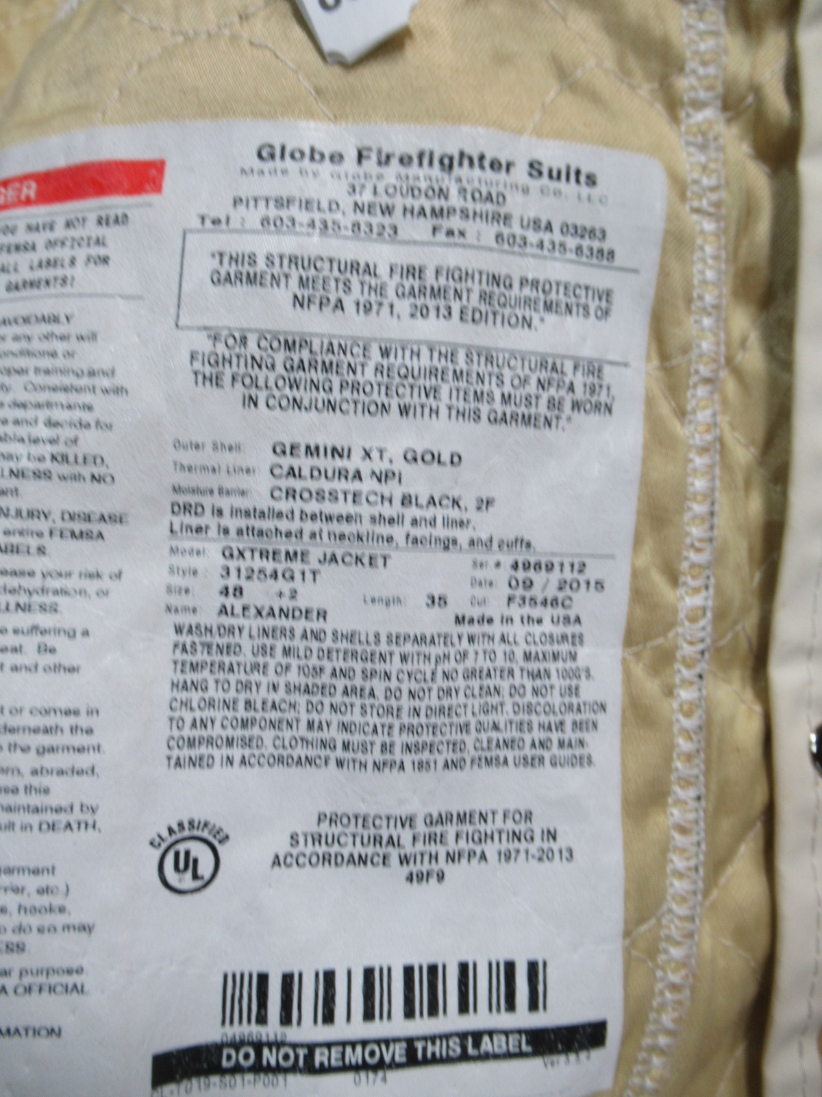 MFG 2015 GLOBE GXTREME DRD 48 +2 x 35 Firefighter JACKET COAT Turnout Bunker