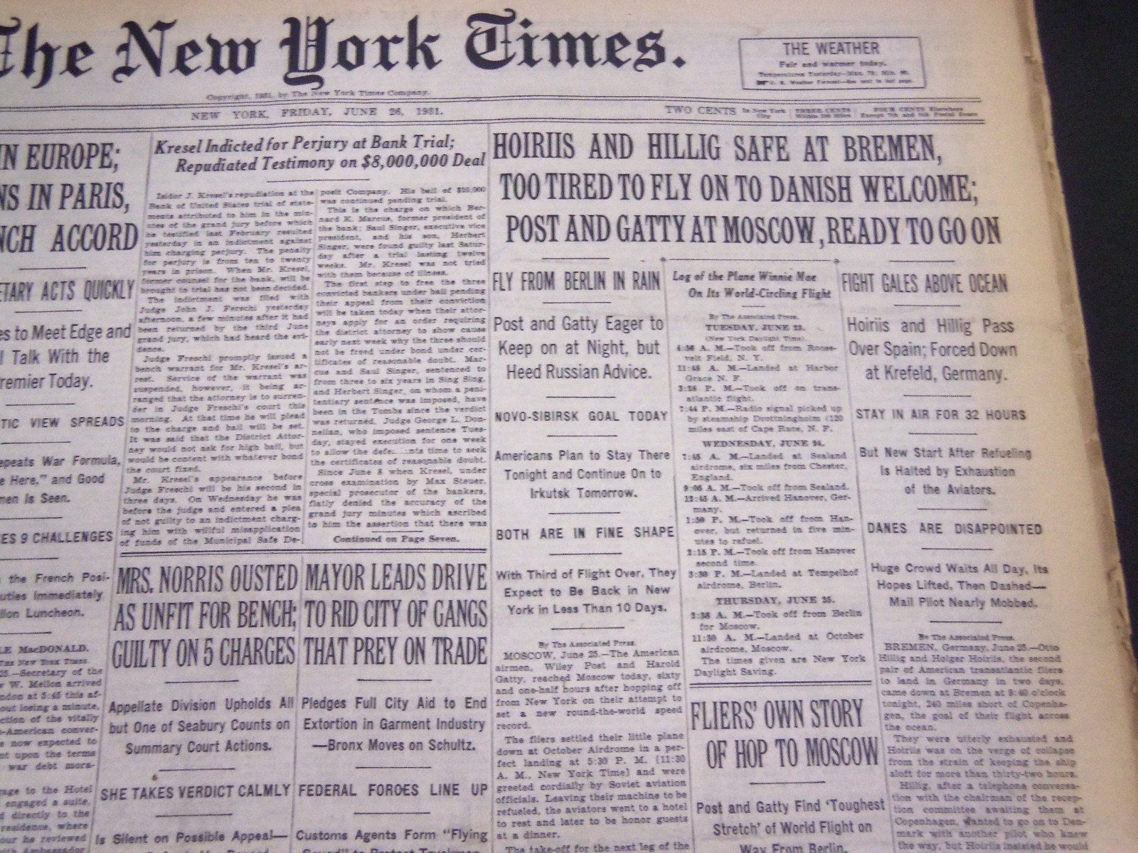 1931 JUNE 26 NEW YORK TIMES - HOIRIS AND HILLIG SAFE AT BREMEN - NT 5009