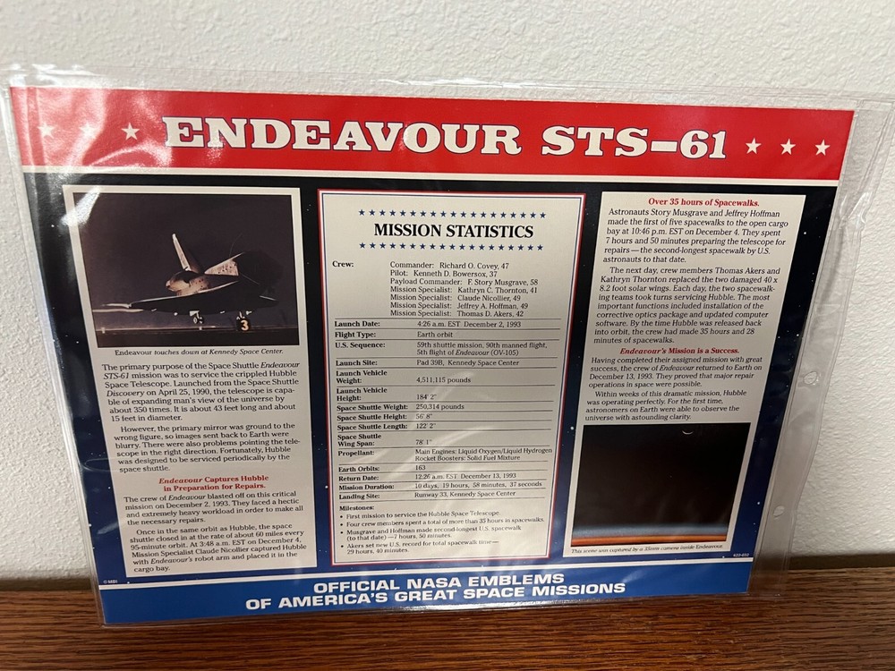 SPACE SHUTTLE ENDEAVOUR STS-61 OFFICIAL NASA EMBLEM PATCH WILLABEE & WARD