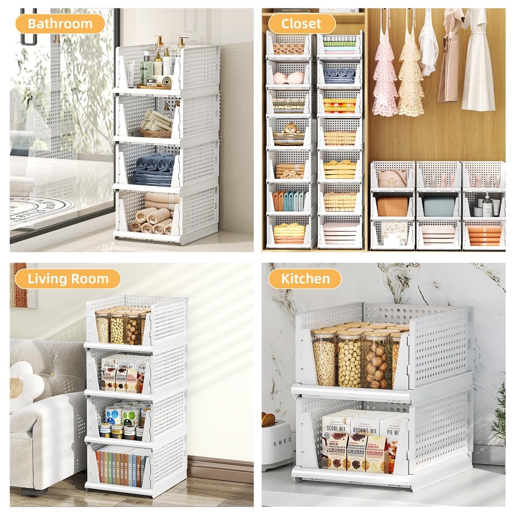 5 Packs Stackable Plastic Storage Basket for Closet Foldable Closet Organizer...