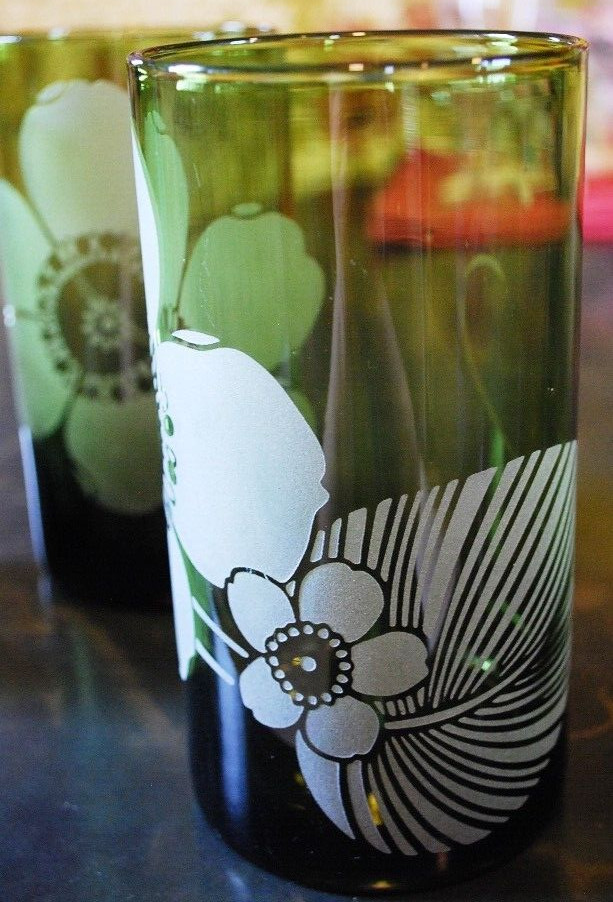 Vtg Set 8 PIER 1 Tumbler Glasses ETCHED FLOWER Hand Blown 6" Multicolor 20 Ounce