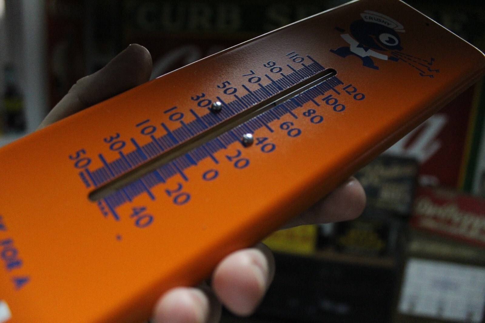 SCARCE 1950s ORANGE CRUSH SODA POP PAINTED METAL THERMOMETER SIGN PEPSI COKE RC