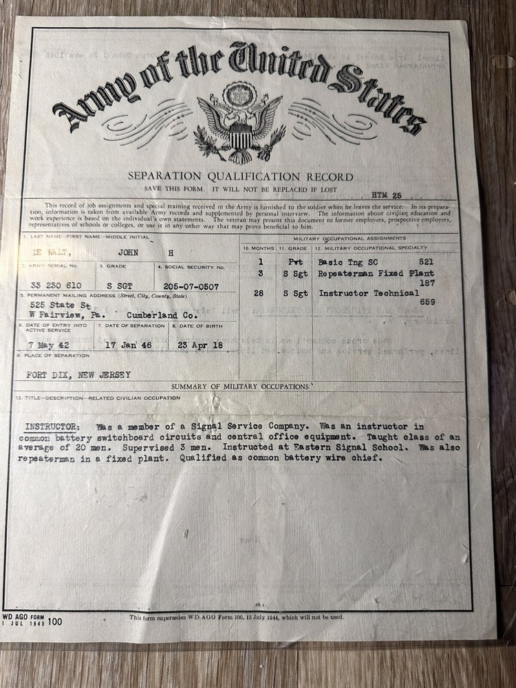WWII Army Separation Qualification Record Papers