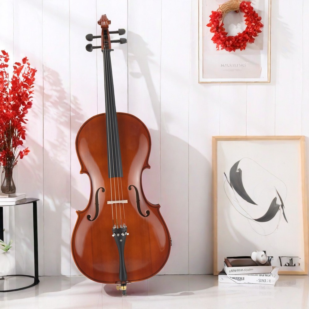 Natural Full Size 4/4 Acoustic Cello Set w/ Spruce Panel & Tiger Pattern Process