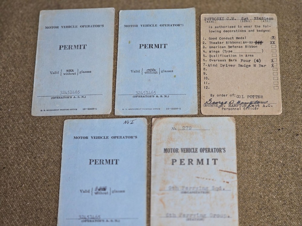 WWII US Army Medal list and Motor Vehicle Permit Books Named to Petroski