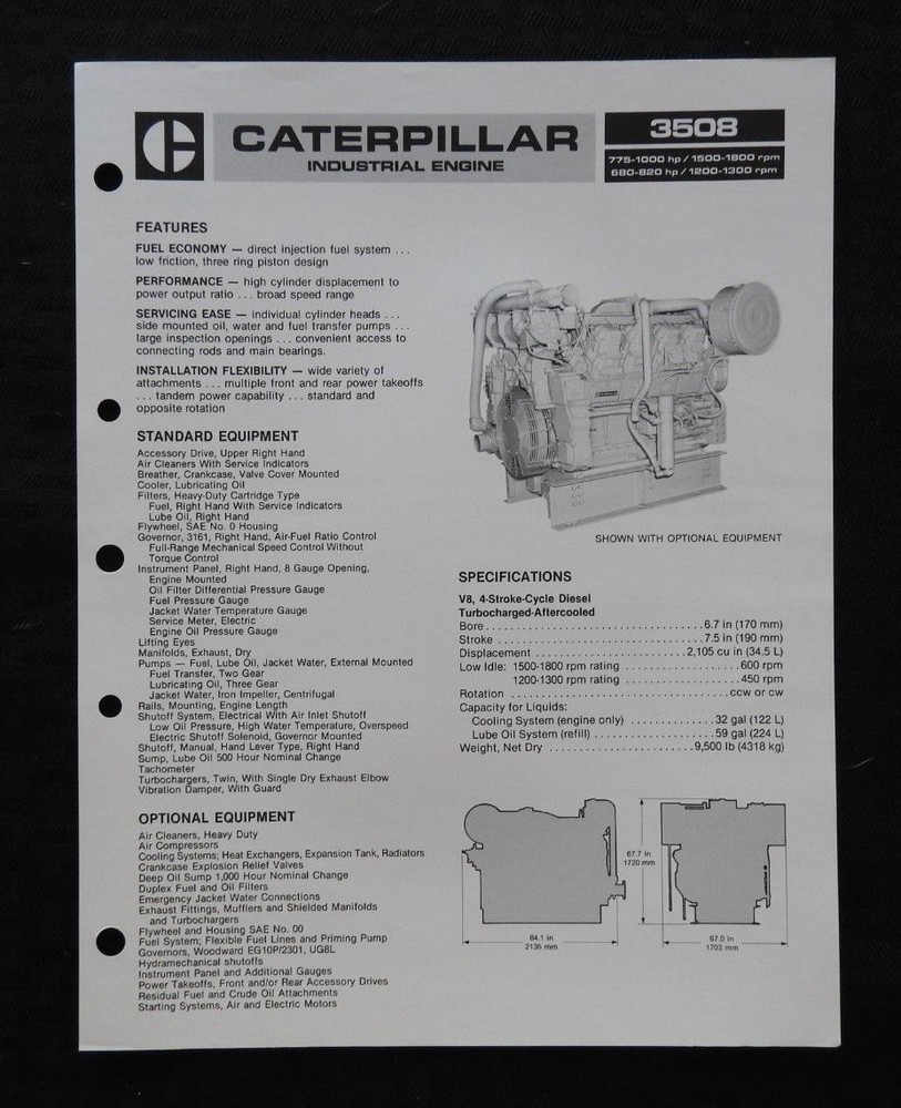 1985 CATERPILLAR 3508 INDUSTRIAL DIESEL ENGINE SPECIFICATION BROCHURE NICE SHAPE