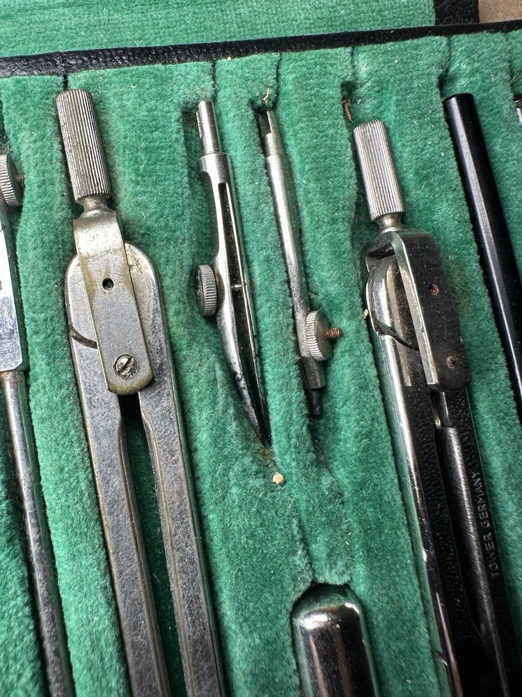 Vintage TOWER Germany Drafting Compass Set w/ Case Engineer Tools Incomplete
