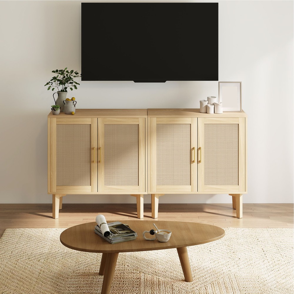 Buffet Cabinet With Rattan Decor Doors Solid Wood Feet Multifunctional DHEW