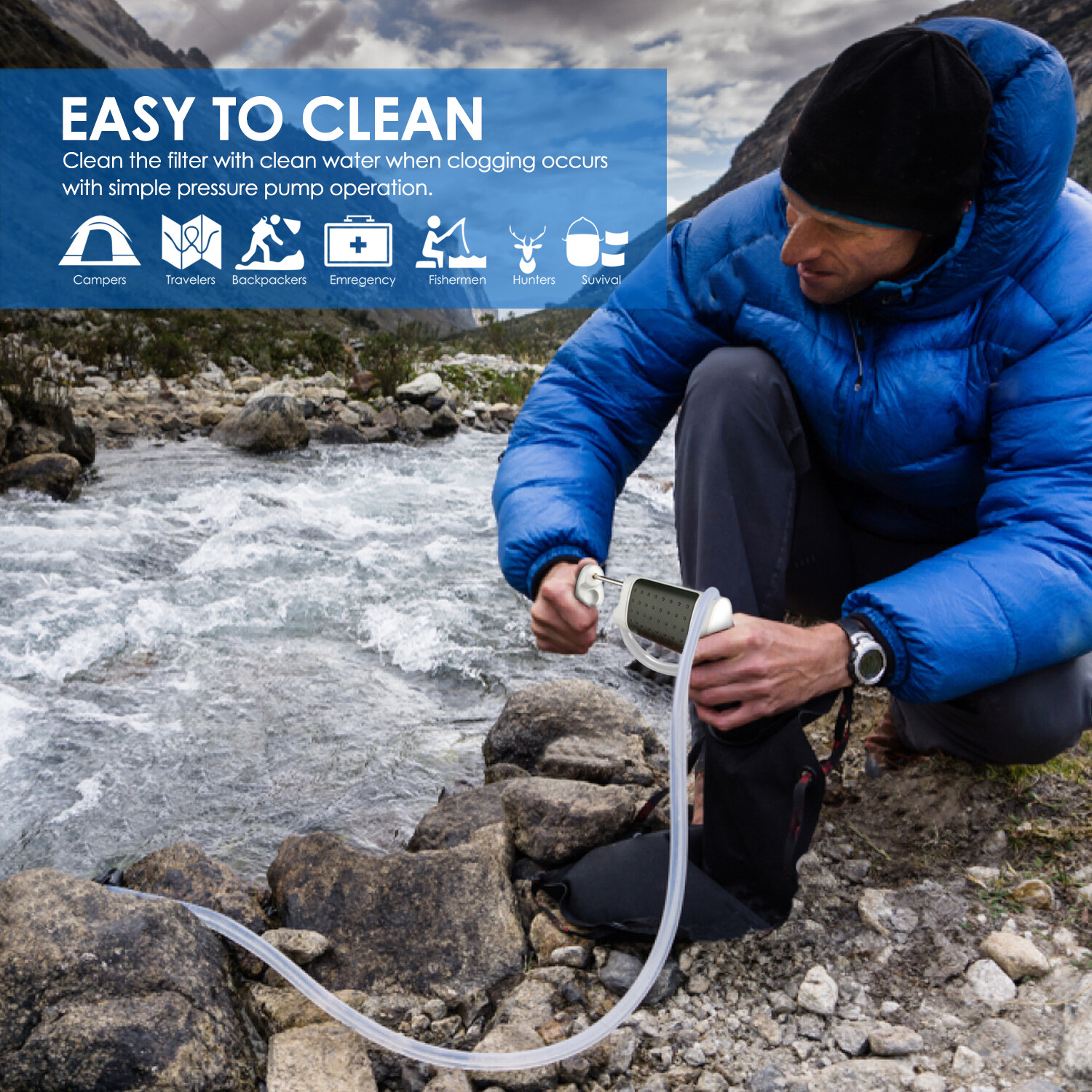 Hand-Pump Water Purification System Portable Water Filter Straws Kit for Camping