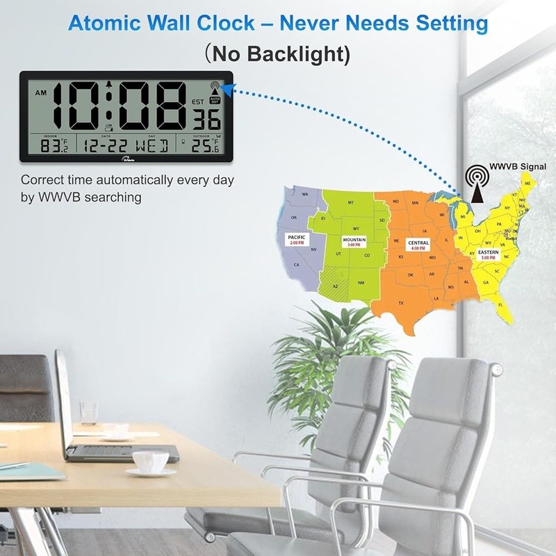 Large Atomic Clock Indoor Outdoor Temperature Digital Display Battery Powered US