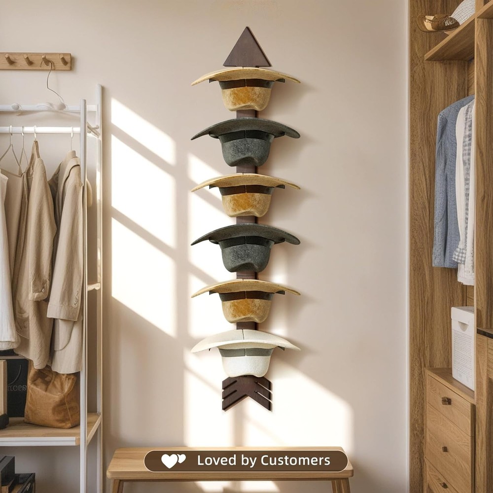 Cowboy Hat Rack Wall Mount, Solid Wood Arrow Design 6 Pieces, Walnut