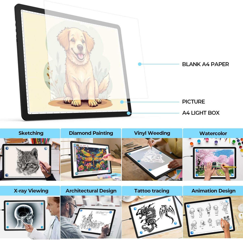A4 LED Copy Board Light Tracing Box,Super Bright Magnetic Light Pad with Side...