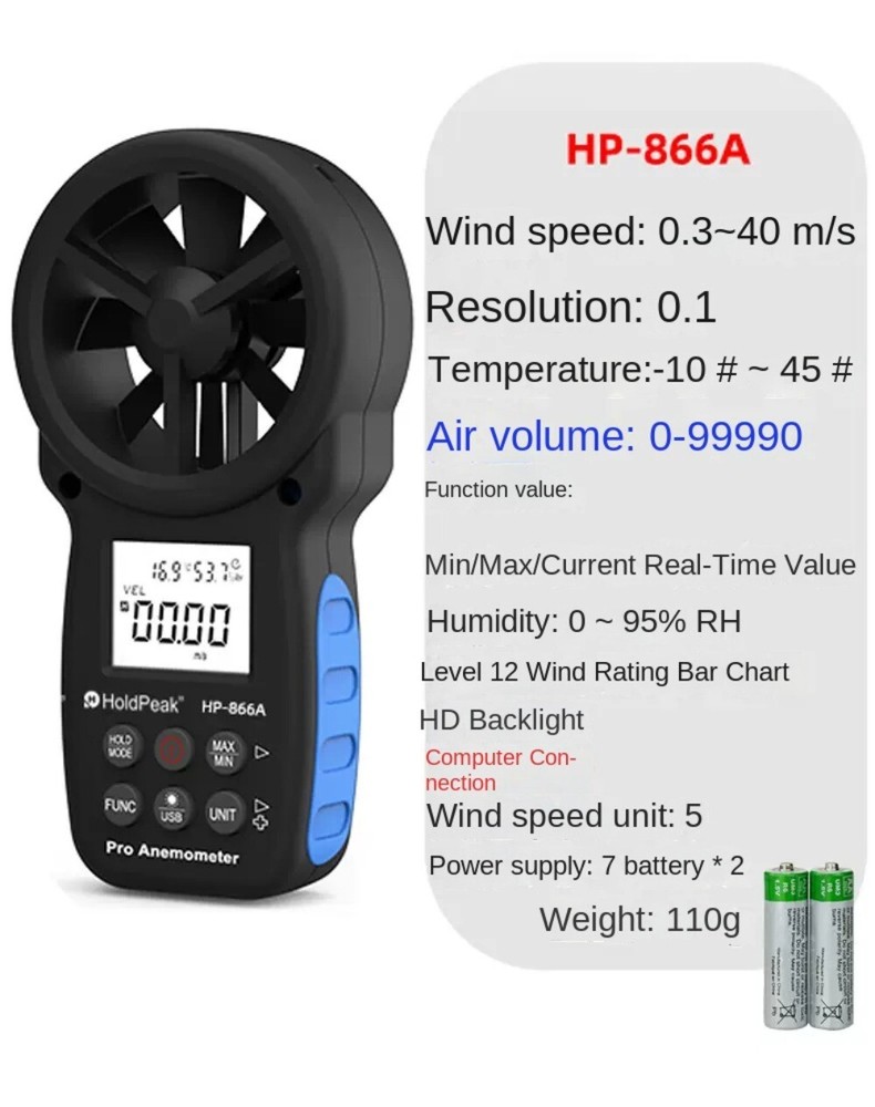 Digital Anemometer for Measuring Wind Speed with Backlight and Humidity Tester