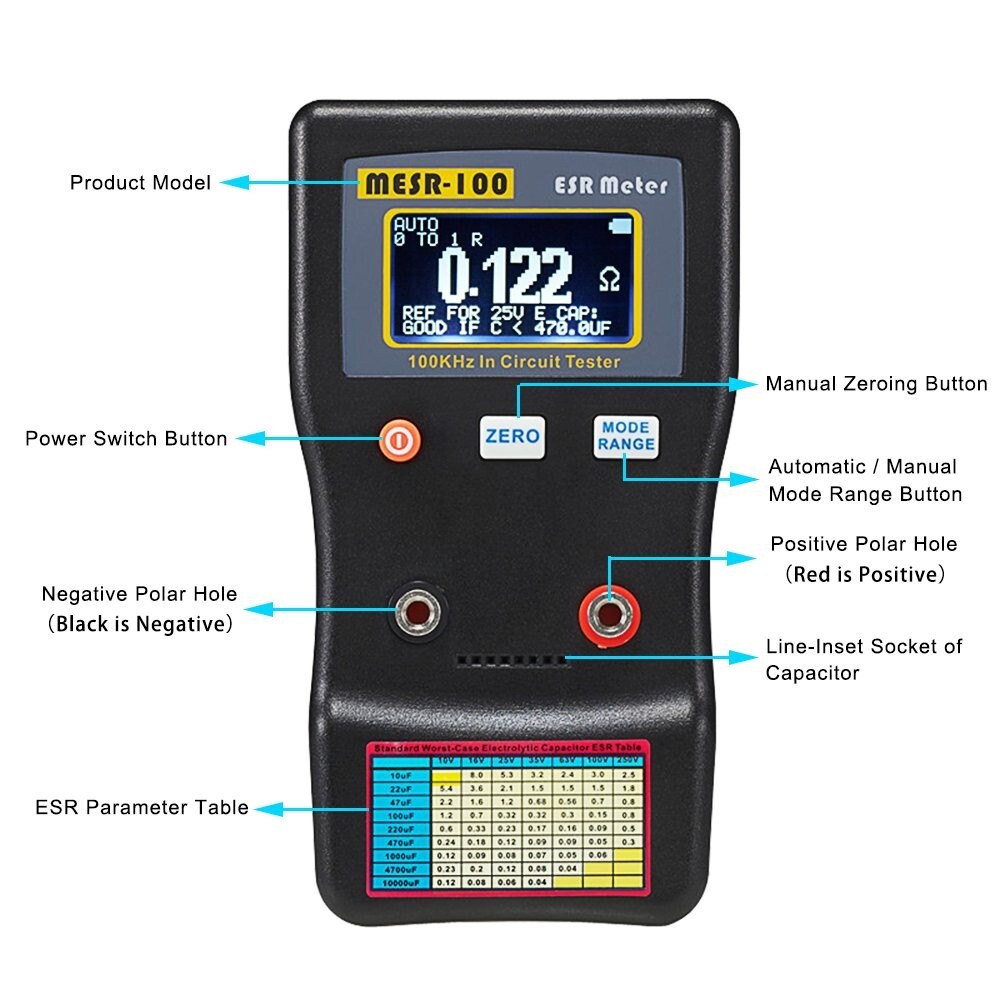 Battery-Powered MESR-100 V2 ESR and Resistance Meter - Precision Testing Tool