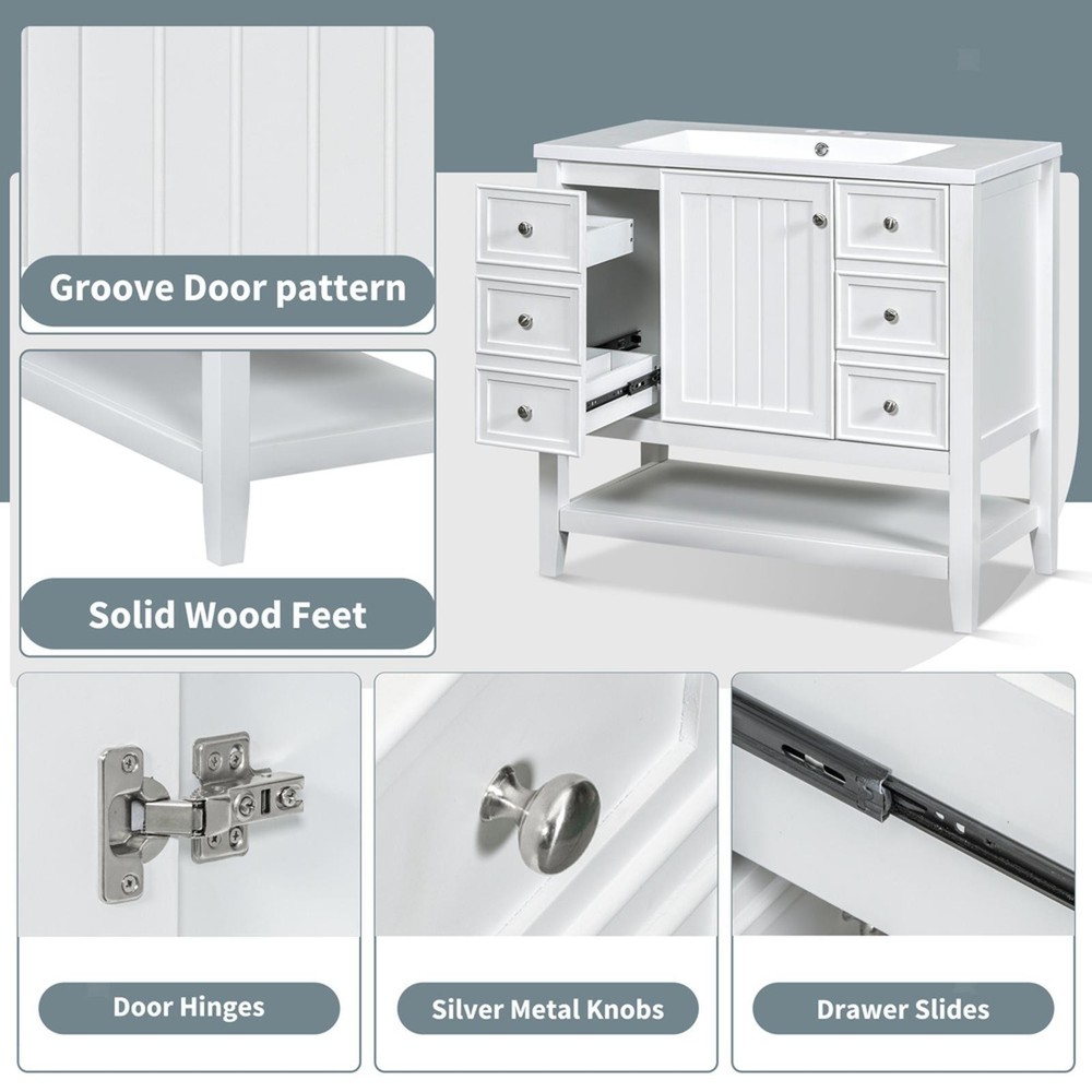 White Bathroom Vanity with 36” Ceramic Sink, Solid Wood & MDF, Ample Storage,